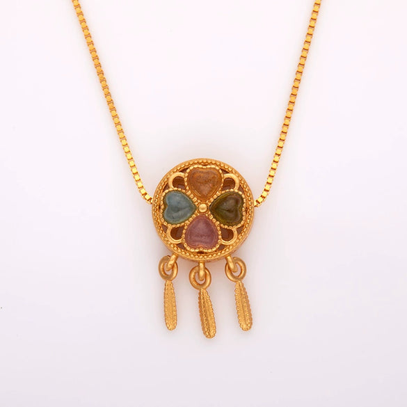 Wholesale 925 Sterling Silver Dream Catcher Necklace With Natural Tourmaline Inlaid Ancient Gold Craft Retro Elegant For Women Geometric Style