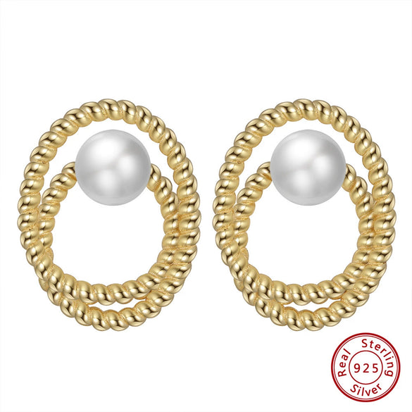 Wholesale 925 Sterling Silver Earrings Natural Simple Style Geometric Oval Baroque Pearl Electroplated For Women