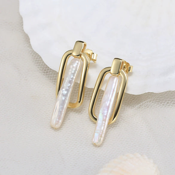 Wholesale 925 Sterling Silver Earrings Niche Design Natural Freshwater Pearl Geometric Electroplated Jewelry