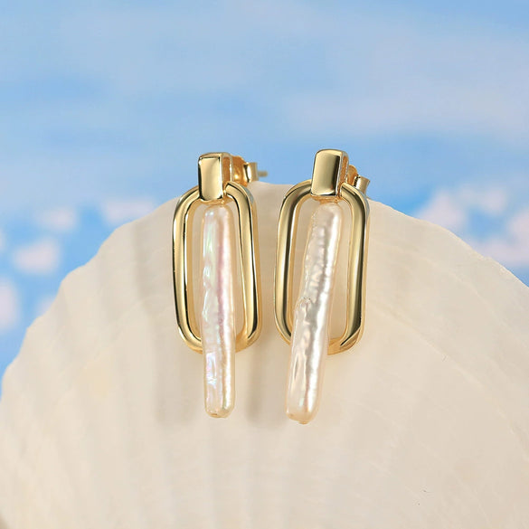 Wholesale 925 Sterling Silver Earrings Niche Design Natural Freshwater Pearl Geometric Electroplated Jewelry