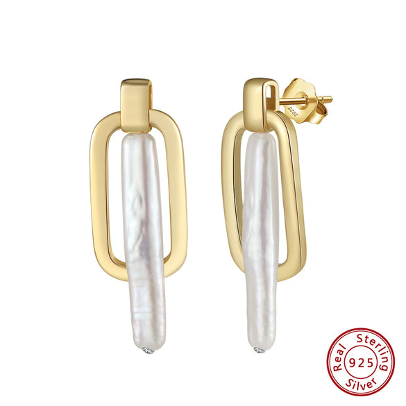 Wholesale 925 Sterling Silver Earrings Niche Design Natural Freshwater Pearl Geometric Electroplated Jewelry