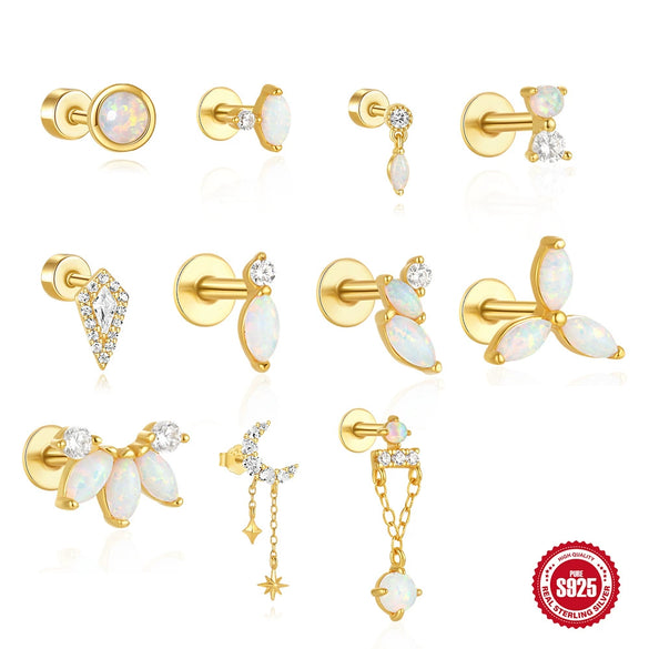 Wholesale 925 Sterling Silver Fashion Opal Earrings Flat Back Piercing Geometric Design Set With Gems For Women