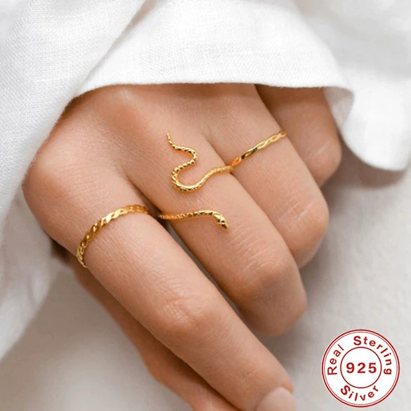 Wholesale 925 Sterling Silver Fashion Simple All Match Glossy Snake Pattern Open Ring With 18K Gold Electroplating For Women