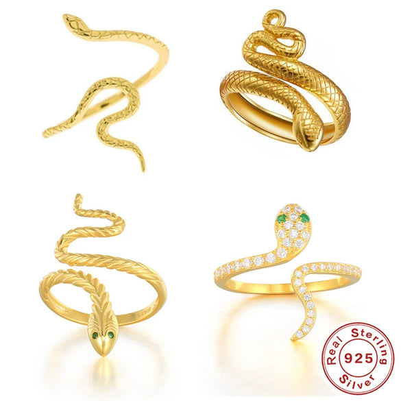 Wholesale 925 Sterling Silver Fashion Simple All Match Glossy Snake Pattern Open Ring With 18K Gold Electroplating For Women