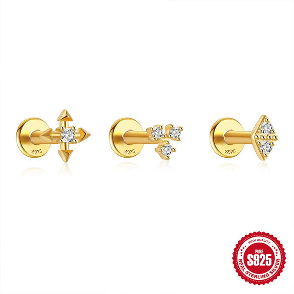 Wholesale 925 Sterling Silver Flat Thread Piercing Stud Earrings With Geometric Ball Diamond Environmentally Friendly Plated Unisex
