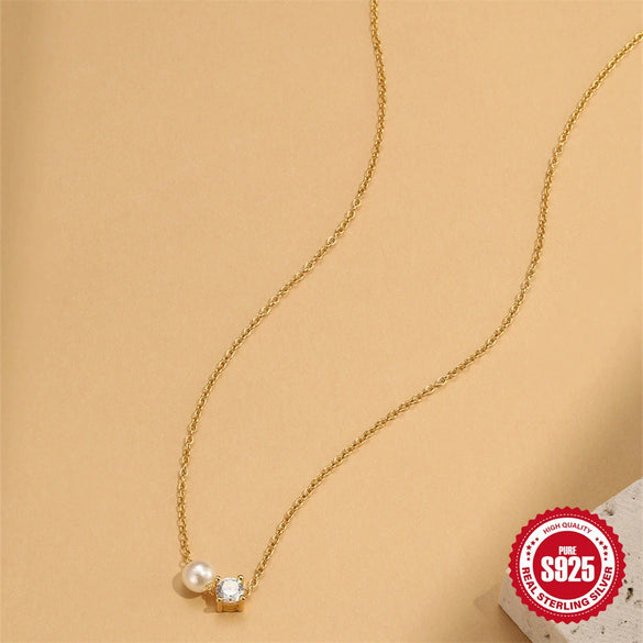 Wholesale 925 Sterling Silver Four Claw Diamond Encrusted Pearl Clavicle Necklace With Geometric Pattern And Electroplating O Chain For Women