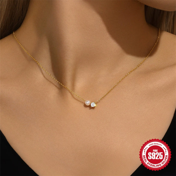 Wholesale 925 Sterling Silver Four Claw Diamond Encrusted Pearl Clavicle Necklace With Geometric Pattern And Electroplating O Chain For Women