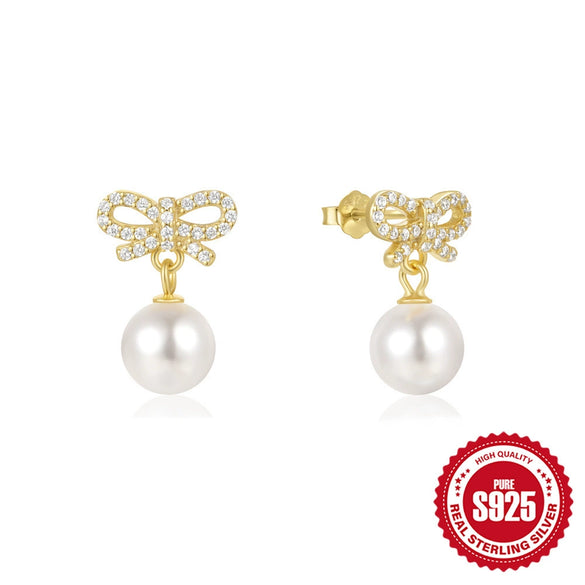 Wholesale 925 Sterling Silver Geometric Bow Pearl Women's Stud Earrings With Electroplating