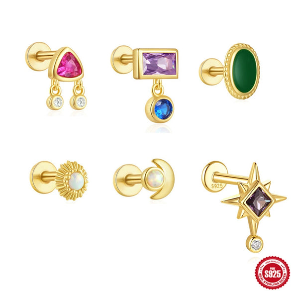 Wholesale 925 Sterling Silver Geometric Ear Bone Stud Earrings For Women With Gem Dripping Oil Opal Electroplated