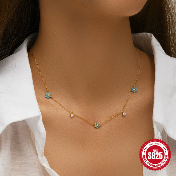 Wholesale 925 Sterling Silver Geometric Flower Turquoise Stacked O Word Chain Necklace With Zirconia Design