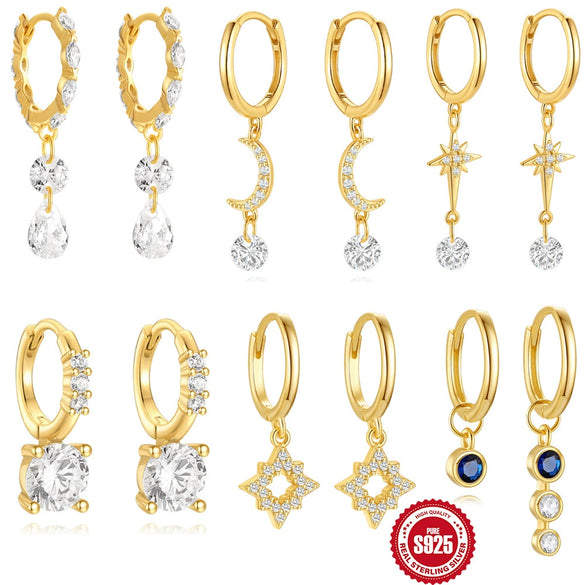 Wholesale 925 Sterling Silver Geometric Moon Star Earrings With Electroplating Design