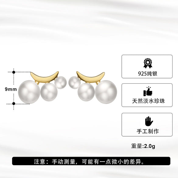 Wholesale 925 Sterling Silver Geometric Moonshaped Natural Baroque Pearl Women's Earrings With Electroplating