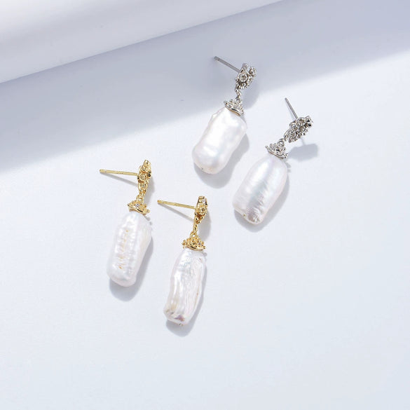 Wholesale 925 Sterling Silver Geometric Natural Baroque Pearl Women's Earrings