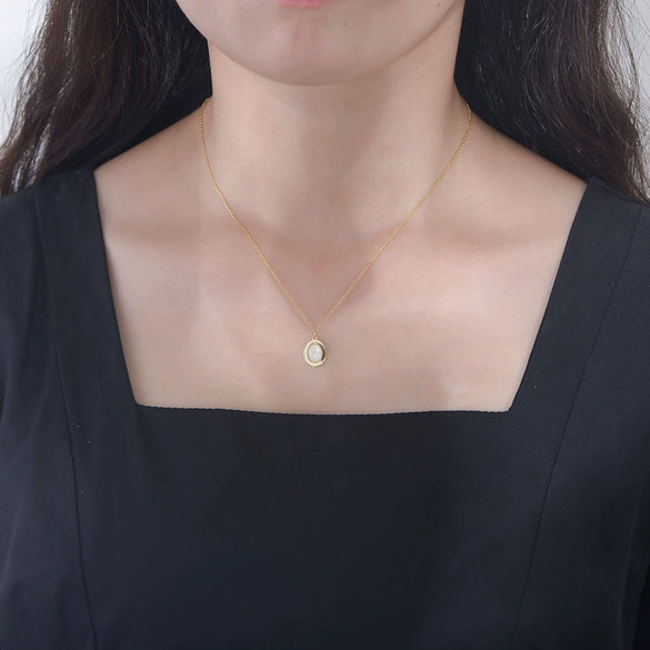 Wholesale Sterling Silver Geometric Oval Natural White Fritillary Shell Pendant Women's Necklace