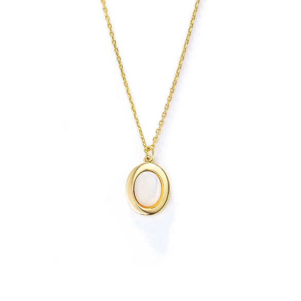 Wholesale Sterling Silver Geometric Oval Natural White Fritillary Shell Pendant Women's Necklace