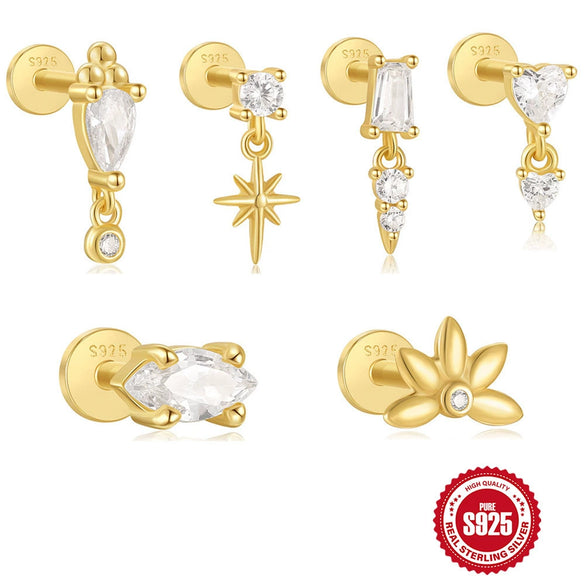 Wholesale 925 Sterling Silver Geometric Star Inlaid Tassel Cartilage Spiral Puncture Earrings With Environmentally Friendly Electroplating