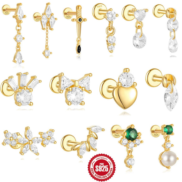 Wholesale Sterling Silver Geometric Style Flat Head Piercing Spiral Ear Nail With Zircon And Environmentally Friendly Plating
