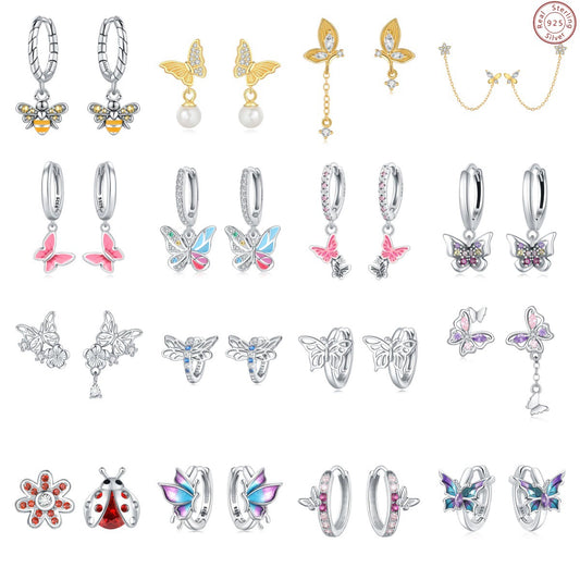 Wholesale 925 Sterling Silver Heart Shape Insects Butterfly Bee Electroplated Women's Earrings