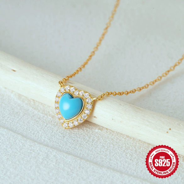 Wholesale 925 Sterling Silver Heart Shaped Diamond Turquoise Necklace With Electroplating For Women