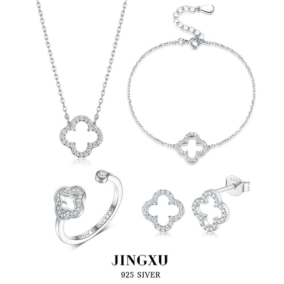 Wholesale 925 Sterling Silver Jewelry Set With Hollow Out Four Leaf Clover Pattern For Women Electroplated Includes Necklace Earrings Bracelet And Ring