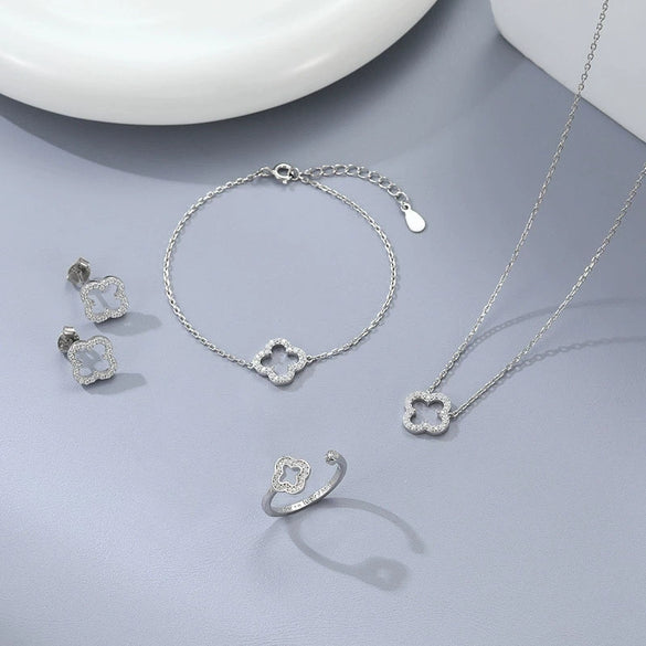 Wholesale 925 Sterling Silver Jewelry Set With Hollow Out Four Leaf Clover Pattern For Women Electroplated Includes Necklace Earrings Bracelet And Ring