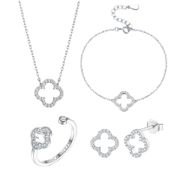 Wholesale 925 Sterling Silver Jewelry Set With Hollow Out Four Leaf Clover Pattern For Women Electroplated Includes Necklace Earrings Bracelet And Ring