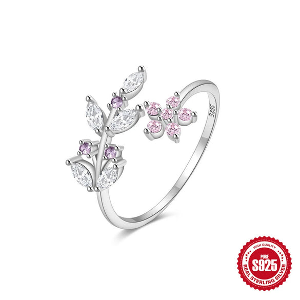Wholesale 925 Sterling Silver Leaves Pink Flower Open Ring With Horse Eye Zircon Geometric Design Electroplating Treatment For Women