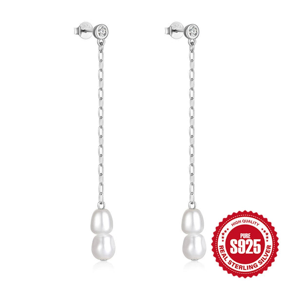 Wholesale 925 Sterling Silver Long Pearl Earrings With Tassel Chain Geometric Textured Simple For Women