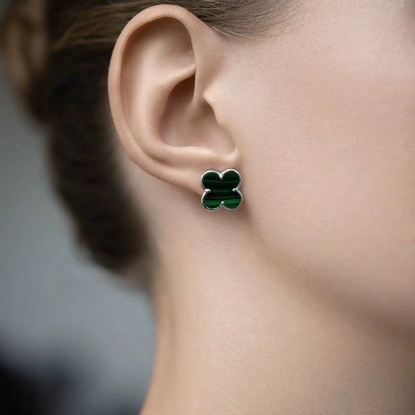 Wholesale 925 Sterling Silver Natural Malachite Fourleaf Clover Simple Style Seiko Bracelet And Earrings Set For Women