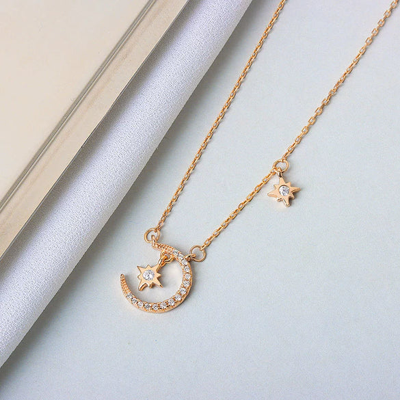 Wholesale Sterling Silver Necklace With Star Moon Design And Electroplating Process For Female