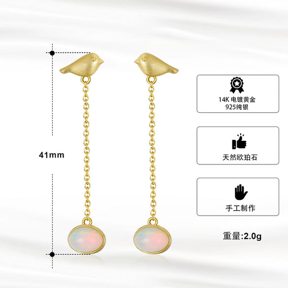 Wholesale Sterling Silver Opal Bird Geometric Hammered Electroplated Women's Earrings