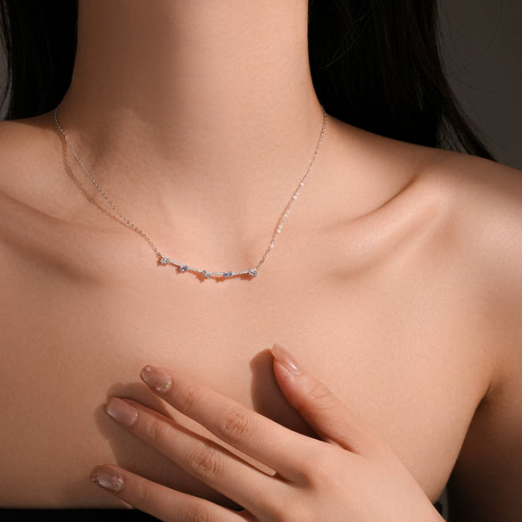 Wholesale 925 Sterling Silver Pear Shaped Blue Zircon Row Necklace For Women Electroplated With Platinum Or 18K Gold