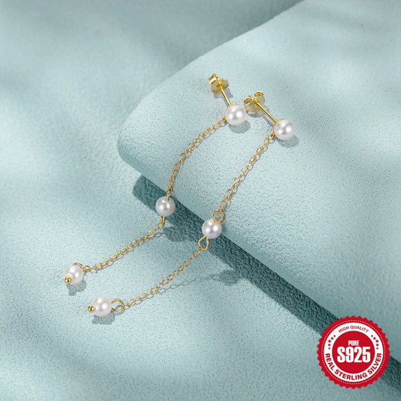 Wholesale 925 Sterling Silver Round Beaded Glossy Tassel Chain Pearl Drop Earrings For Women Set With Pearls Geometric Style