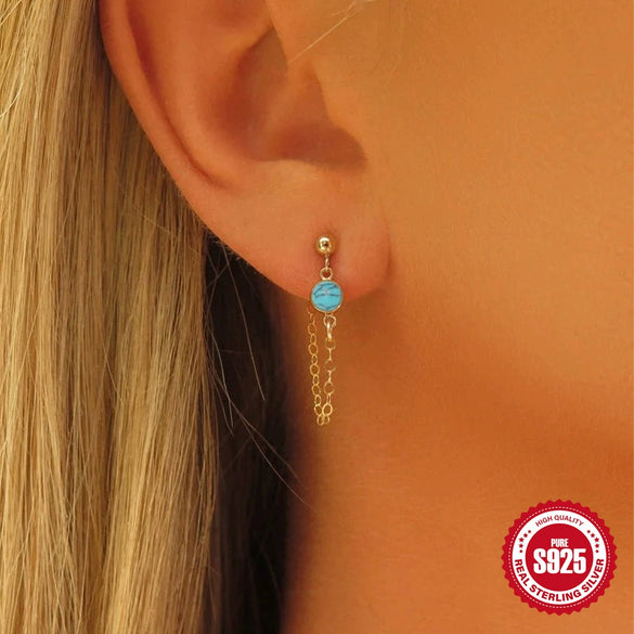 Wholesale 925 Sterling Silver Round Beaded Tassel Turquoise Earrings With Geometric Design And Electroplating