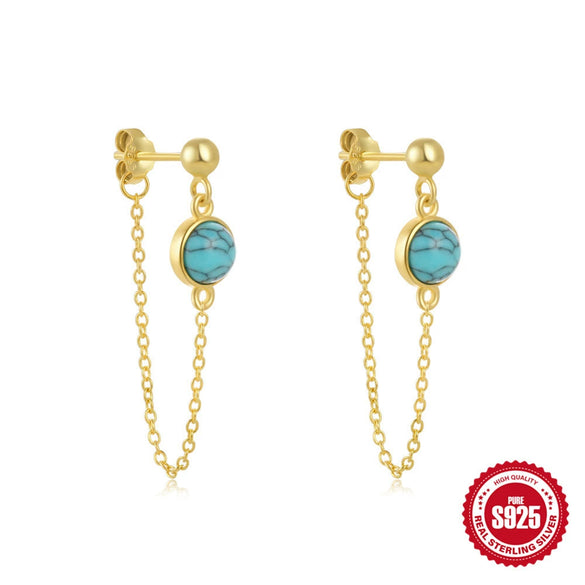 Wholesale 925 Sterling Silver Round Beaded Tassel Turquoise Earrings With Geometric Design And Electroplating