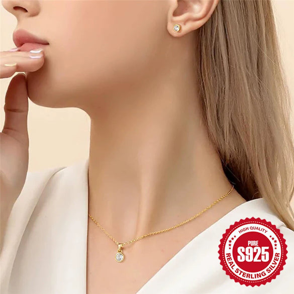 Wholesale 925 Sterling Silver Simple Classic Round Edge Inlaid Zircon Necklace And Ear Studs Set With Electroplating