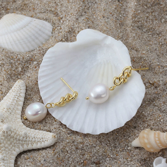 Wholesale 925 Sterling Silver Simple Natural Baroque Pearl Earrings With Geometric Design And Electroplating