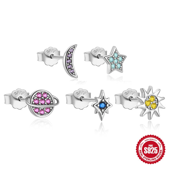 Wholesale 925 Sterling Silver Star Moon Planet 5 Piece Set Ear Studs Earrings With Plant Flower Pattern And Inlaid Zircon