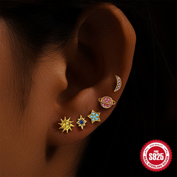 Wholesale 925 Sterling Silver Star Moon Planet 5 Piece Set Ear Studs Earrings With Plant Flower Pattern And Inlaid Zircon