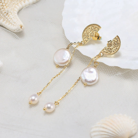 Wholesale 925 Sterling Silver Tassel And Freshwater Pearl Women's Earrings Simple Natural Style