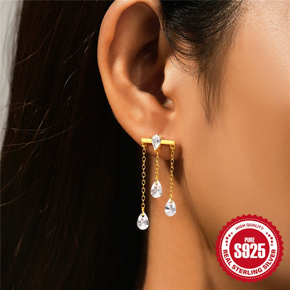 Wholesale 925 Sterling Silver Tassel Chain Inlaid Stone Geometric Earrings With Electroplating For Women