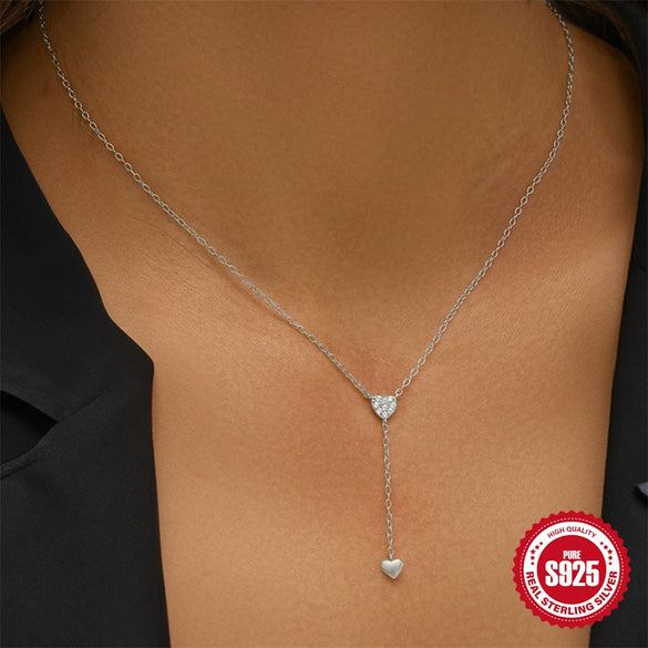 Wholesale 925 Sterling Silver Tassel Yshaped Double Heart Electroplated Clavicle Necklace For Women