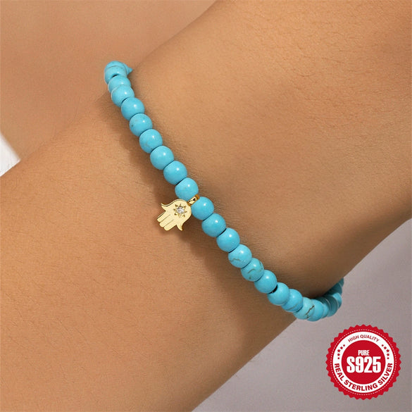 Wholesale 925 Sterling Silver Turquoise Handmade Beaded Geometric Bracelet For Women With Real Gold Electroplating