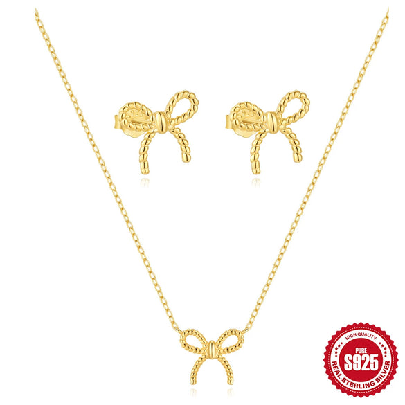 Wholesale 925 Sterling Silver Twist Bow Necklace And Earrings Set With Butterfly Dragonfly Insect Pattern Electroplated Unisex