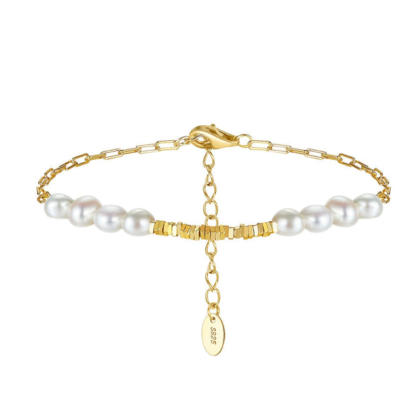 Wholesale 925 Sterling Silver Women's Natural Baroque Pearl Small Bell Geometric Style Electroplated Bracelet Jewelry
