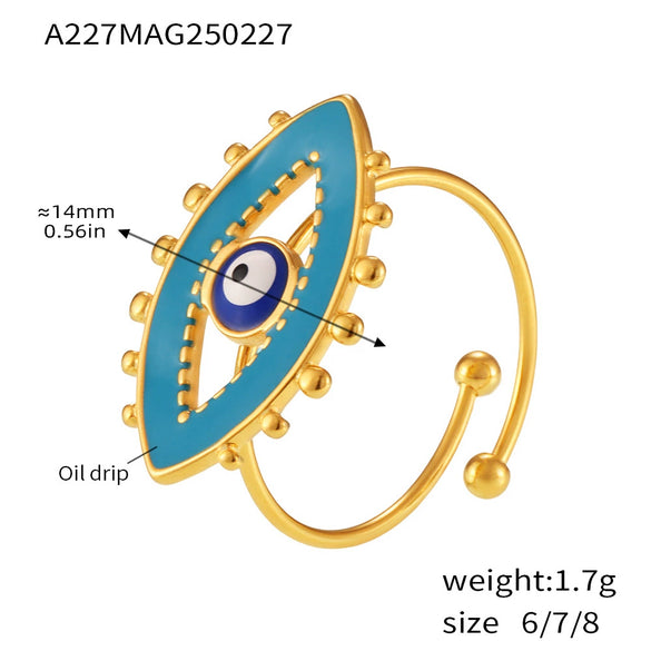 Wholesale Strange Creative Women's Light Luxury Stainless Steel Opening Ring With Enamel Glaze Devil's Eye Design And Electroplating Geometric Pattern