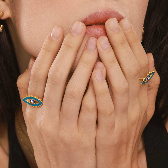Wholesale Strange Creative Women's Light Luxury Stainless Steel Opening Ring With Enamel Glaze Devil's Eye Design And Electroplating Geometric Pattern