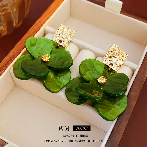 Wholesale Stud Earrings Alloy Green Flower Geometric Light Luxury Electroplating For Women