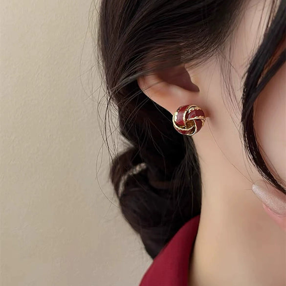 Wholesale Stud Earrings Copper Geometric Red Drop Glaze Knotted Circle Electroplated For Women