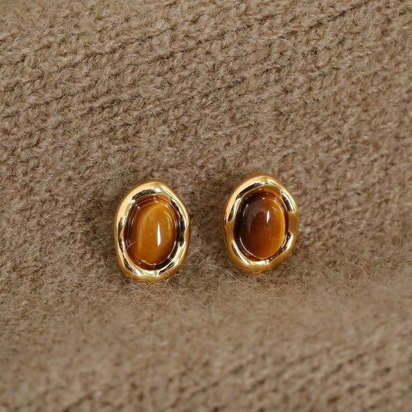 Wholesale Stud Earrings Copper Geometric Style Electroplating Tiger Eye Stone Ear Jewelry For Women